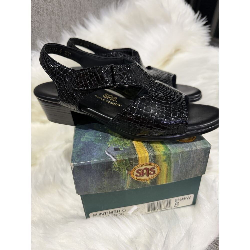 SAS Women’s Size 8.5WW Double Wide Suntimer-C Black Croc Heeled Sandal Leather